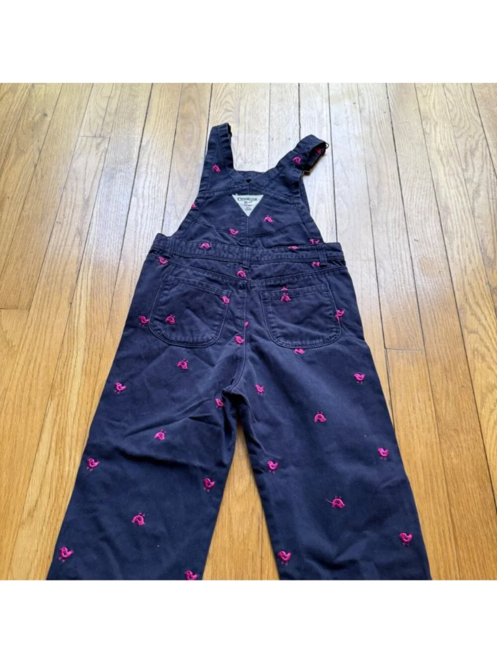 VTG OshKosh B'gosh Girl Size 5 Blue Denim Pink Bird Embroidered Bib Overalls